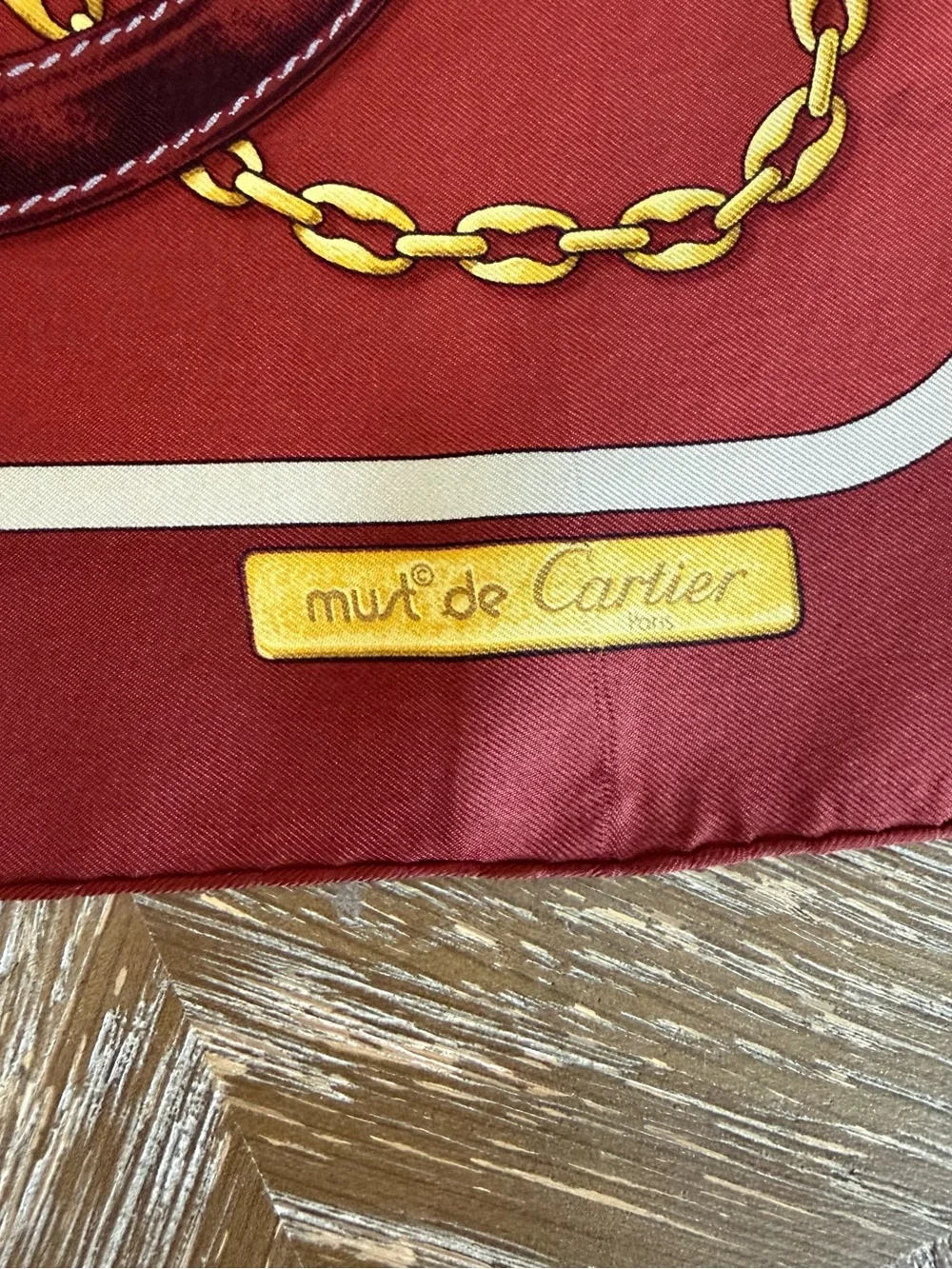 Cartier Silk Scarf Brown Yellow Chain Belt Hand Rolled Made in France